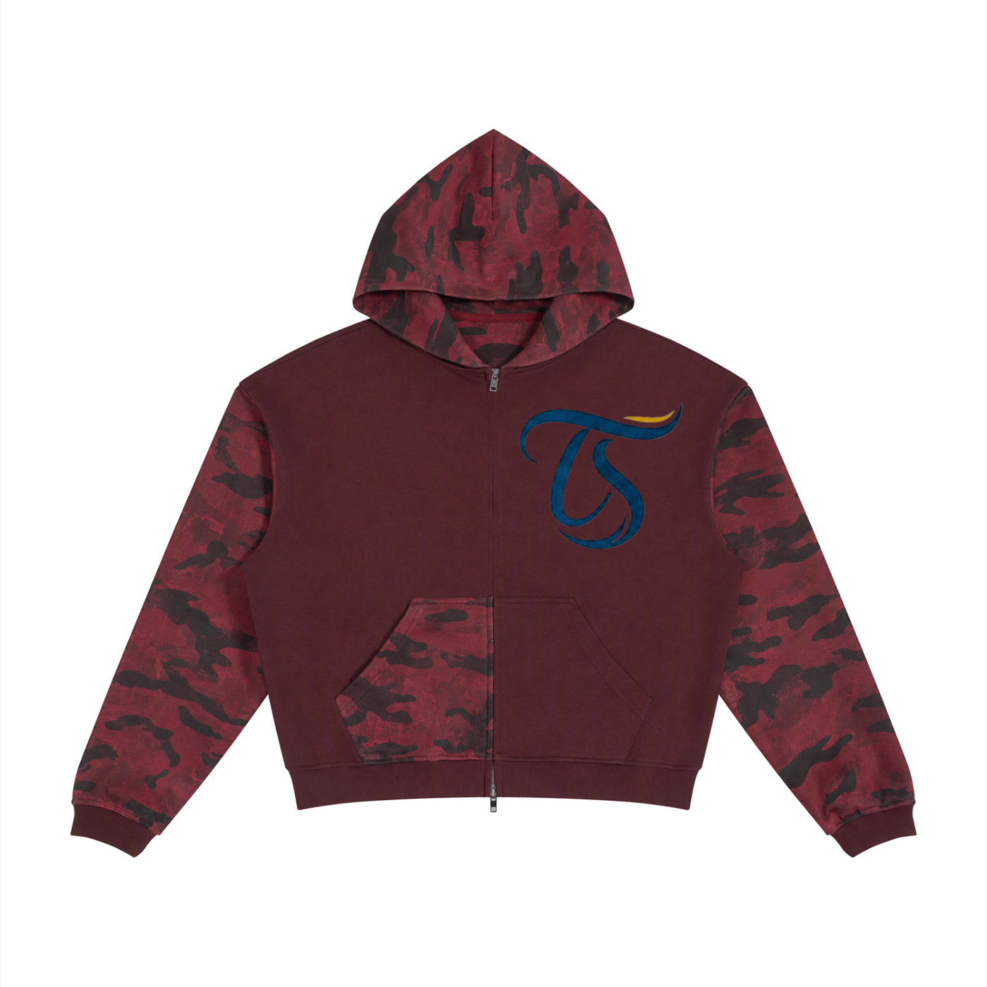 Unisex Colorblock Camo Full Zip Boxy Hoodie