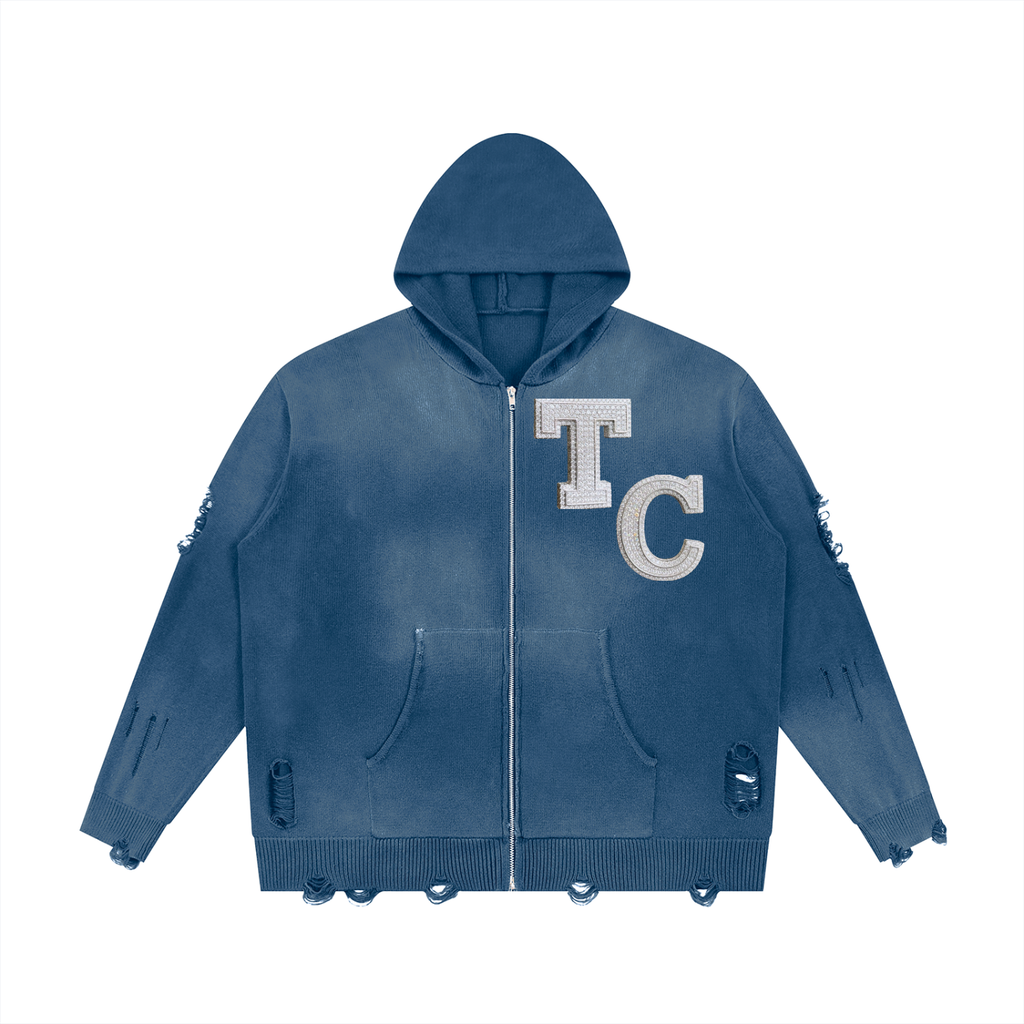 The Crew Unisex Distressed Full Zip Sweater
