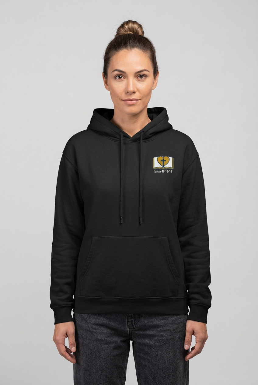 Female model showing the front of the Scriptures hoodie