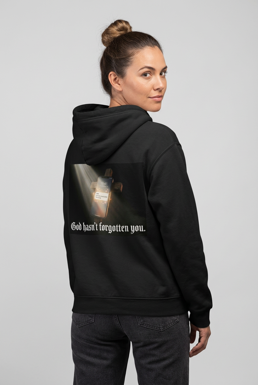 Female model wearing the Scriptures black hoodie