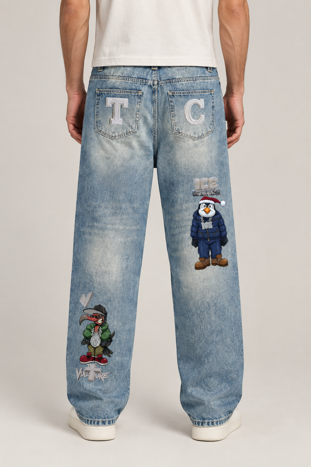Model wearing The Crew vintage wash denim jeans, back view; graphics are illustrative
