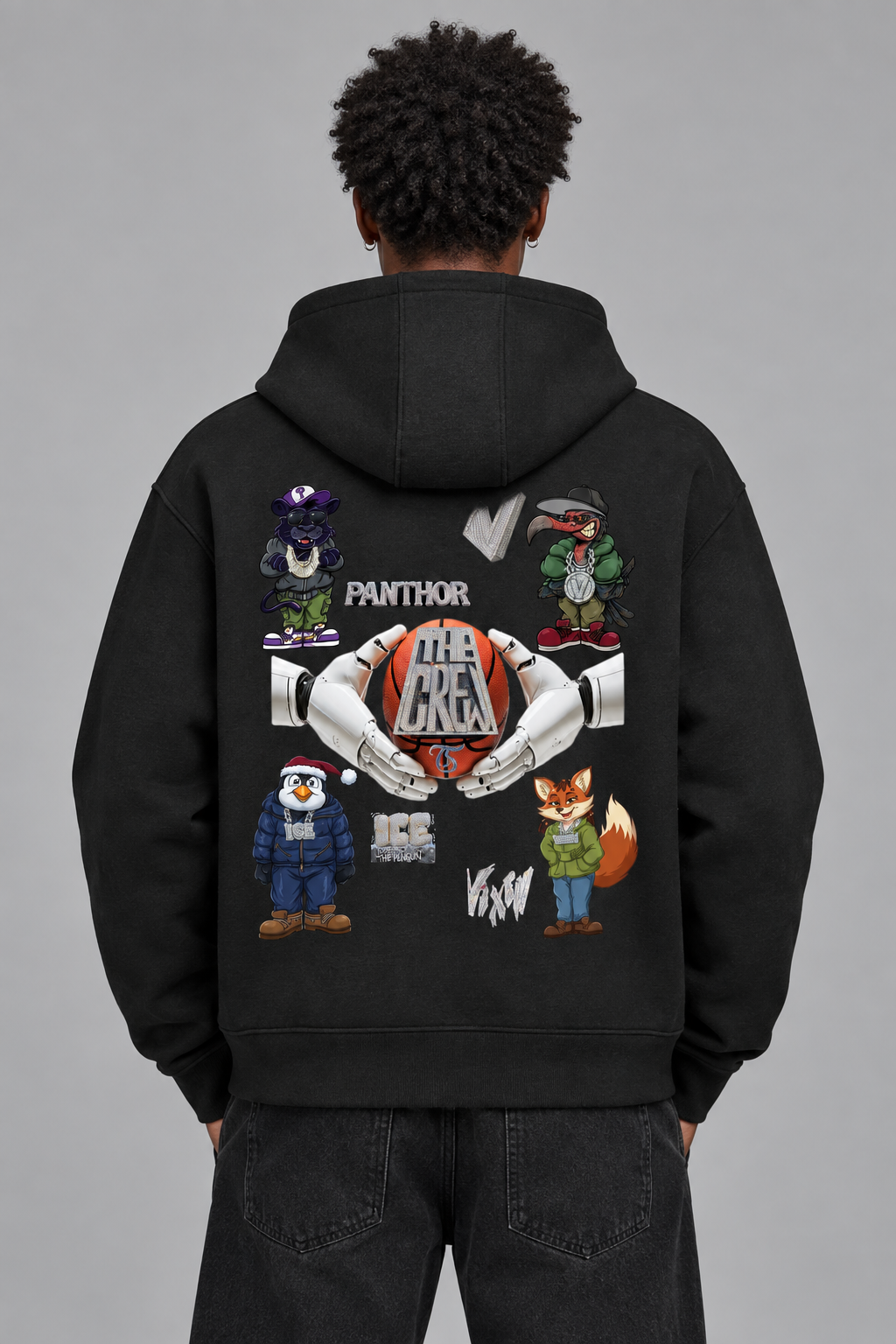 Model wearing black The Crew drop shoulder full zip hoodie, back view; artwork is illustrative