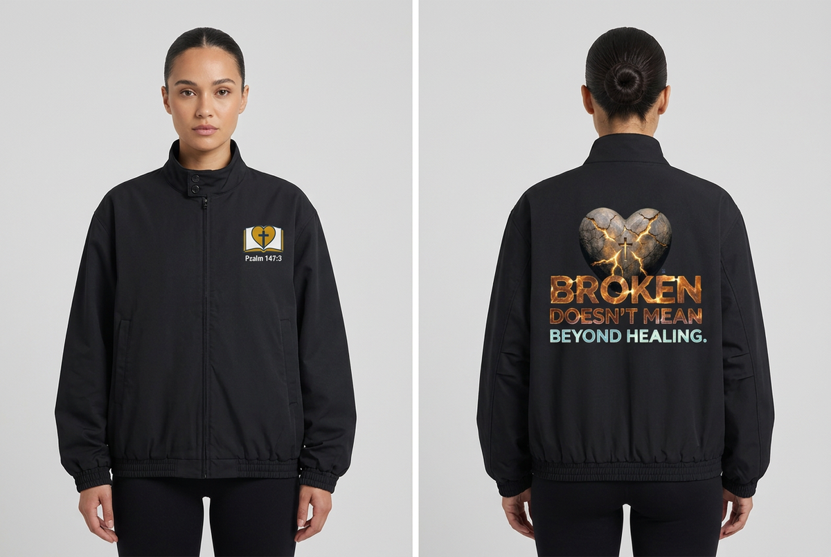 Illustrative female model wearing the black SCRIPTURES stand collar bomber jacket, front and back views