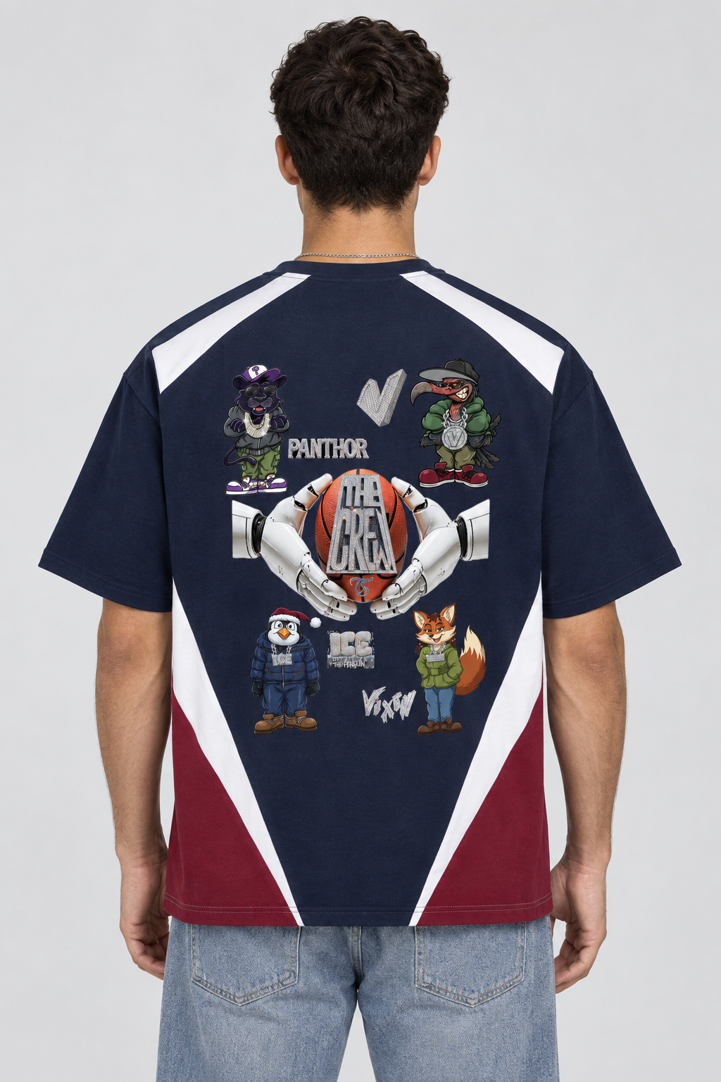 Model wearing The Crew B-Ball color-block T-shirt, back view; graphic is illustrative