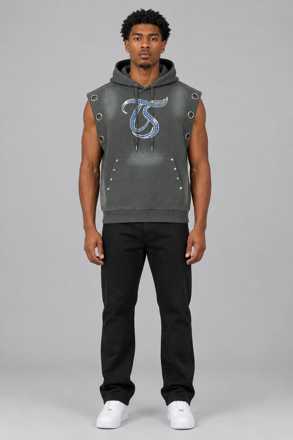 Model wearing gray Aquarius sun fade sleeveless hoodie, front chest mark; illustrative styling photo