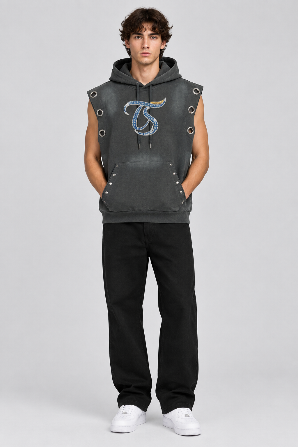 Model wearing Taurus vintage wash sun fade sleeveless hoodie, front view; illustrative styling photo