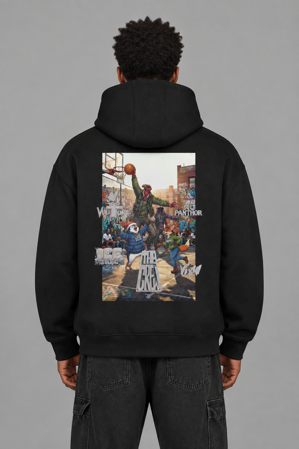 Model wearing black The Crew B-Ball full zip hoodie, back view; print is illustrative