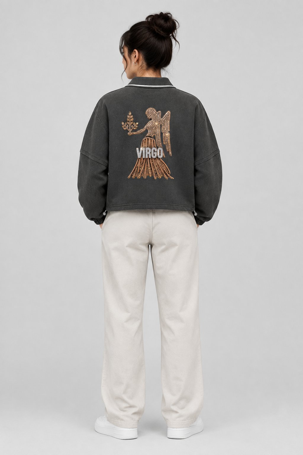 Female model wearing Virgo unisex boxy collared detachable sweatshirt with maiden artwork, back view; illustrative styling image