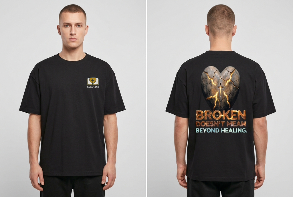 Illustrative male model wearing the revised black SCRIPTURES oversized T-shirt, front and back views