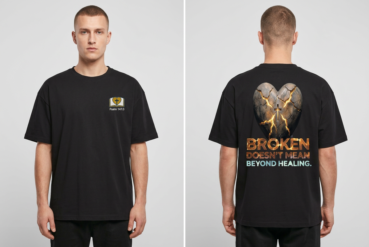 Illustrative male model wearing the revised black SCRIPTURES oversized T-shirt, front and back views