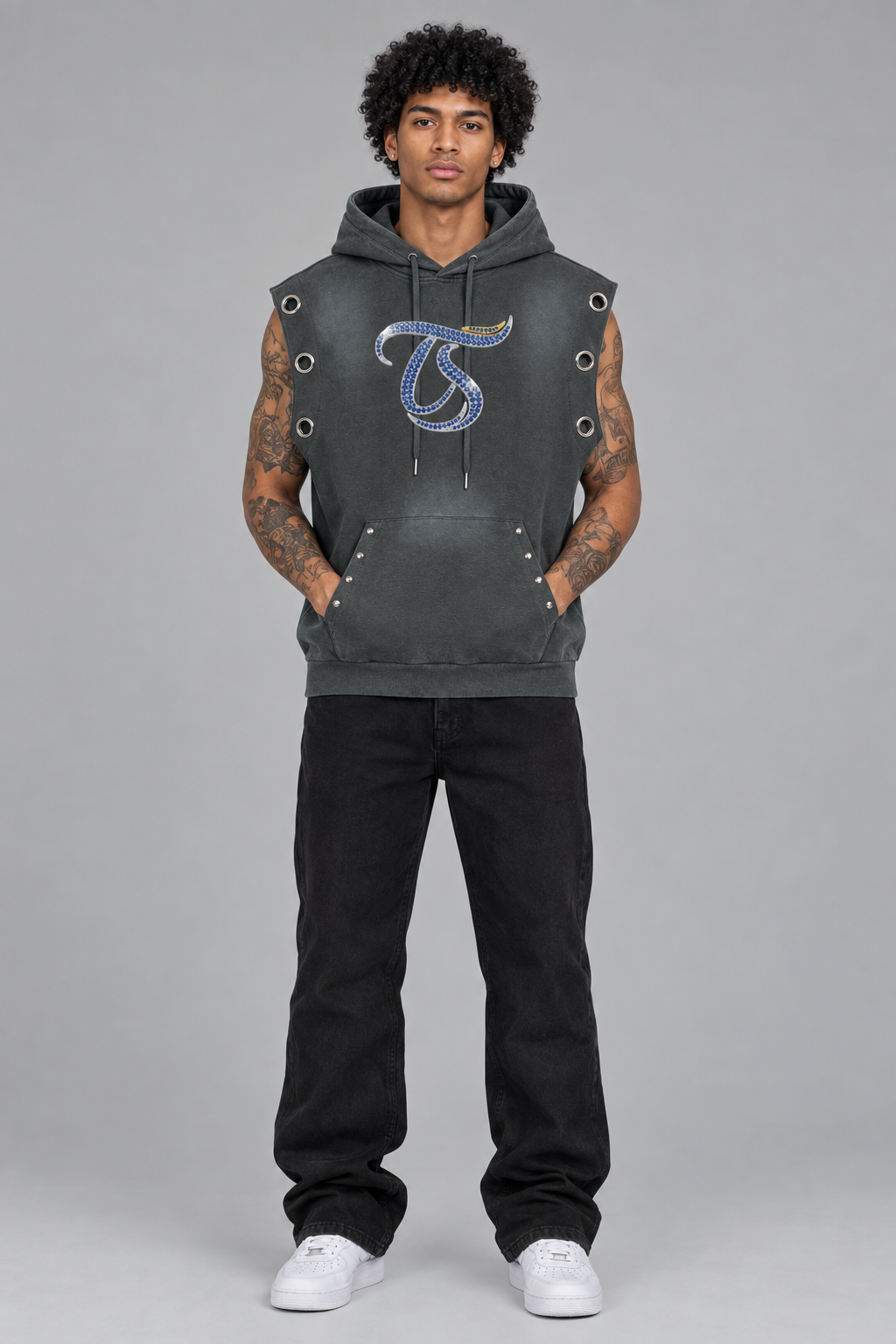 Male model wearing gray Cancer sun fade sleeveless hoodie, front chest mark; illustrative styling photo