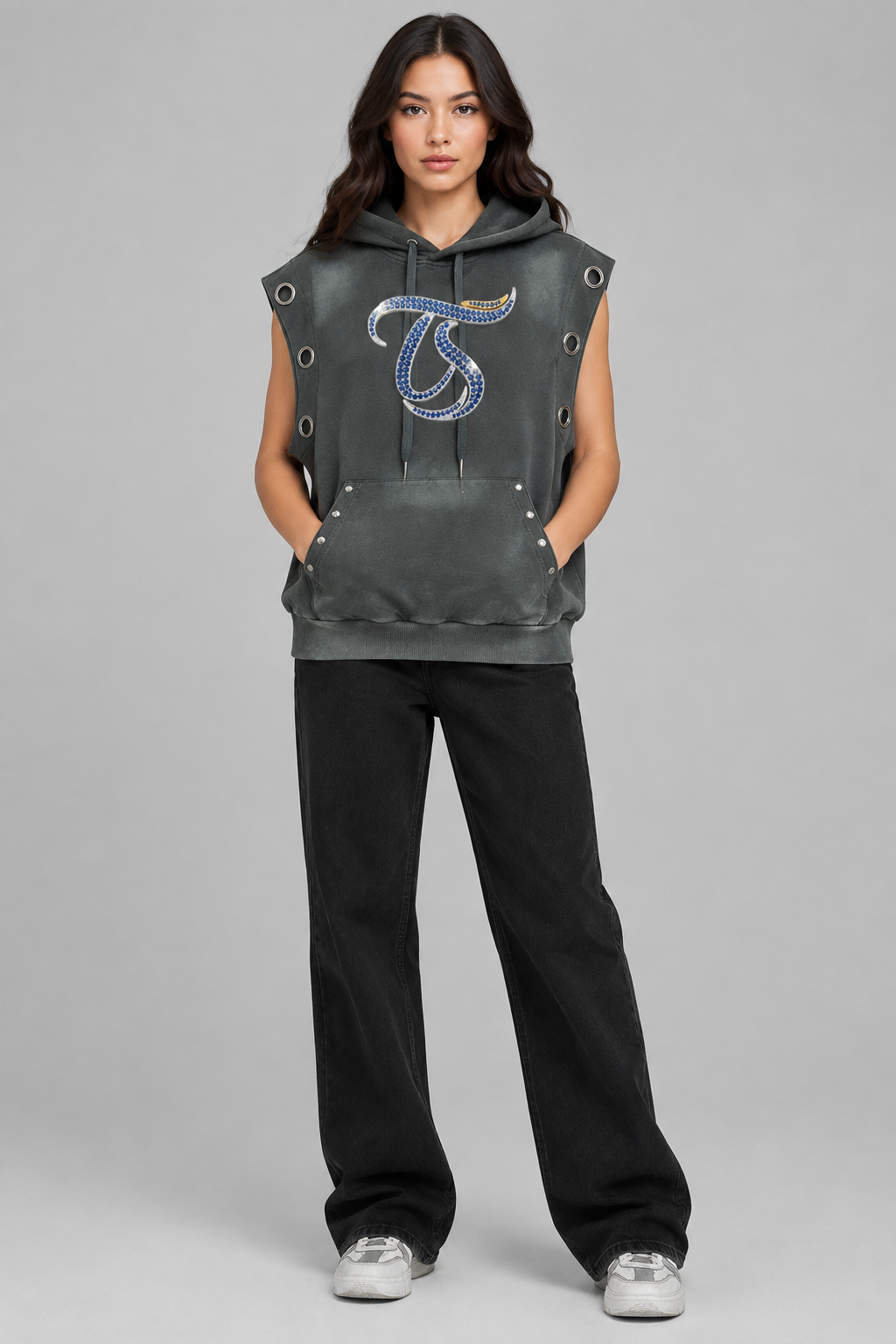 Female model wearing gray Sagittarius sun fade sleeveless hoodie, front chest mark; illustrative styling photo