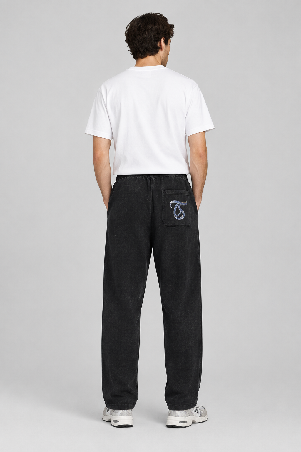 Male model wearing black Gemini mineral wash straight sweatpants, back view with TS pocket mark; illustrative print