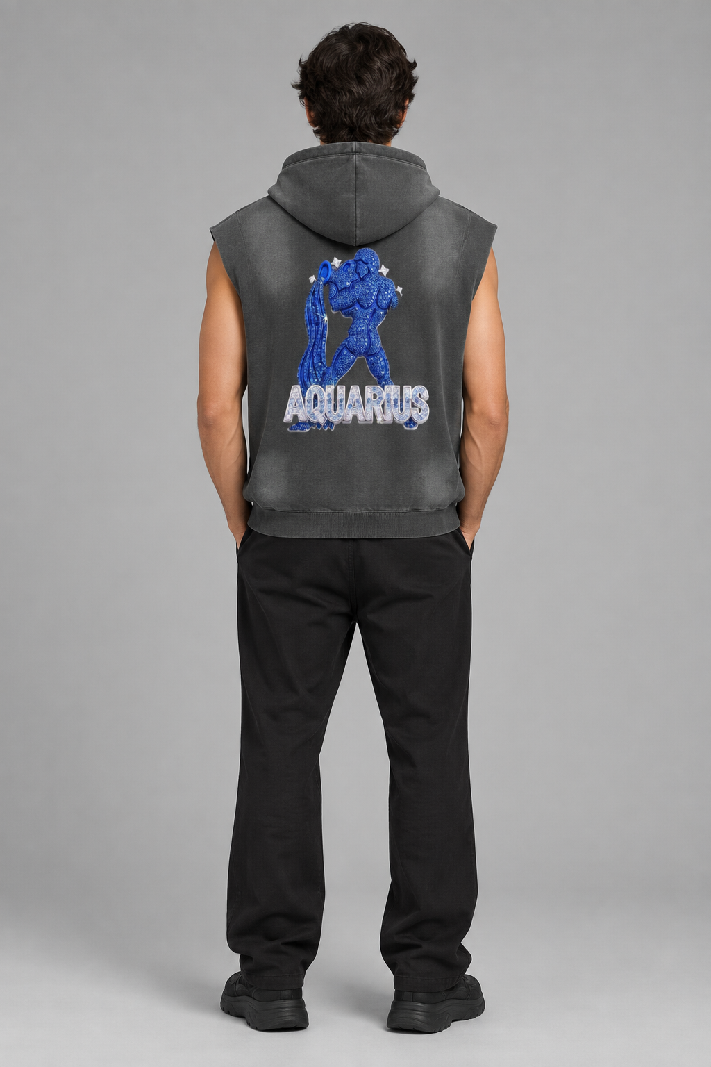 Model wearing gray Aquarius sun fade sleeveless hoodie, back with Aquarius artwork; illustrative styling photo
