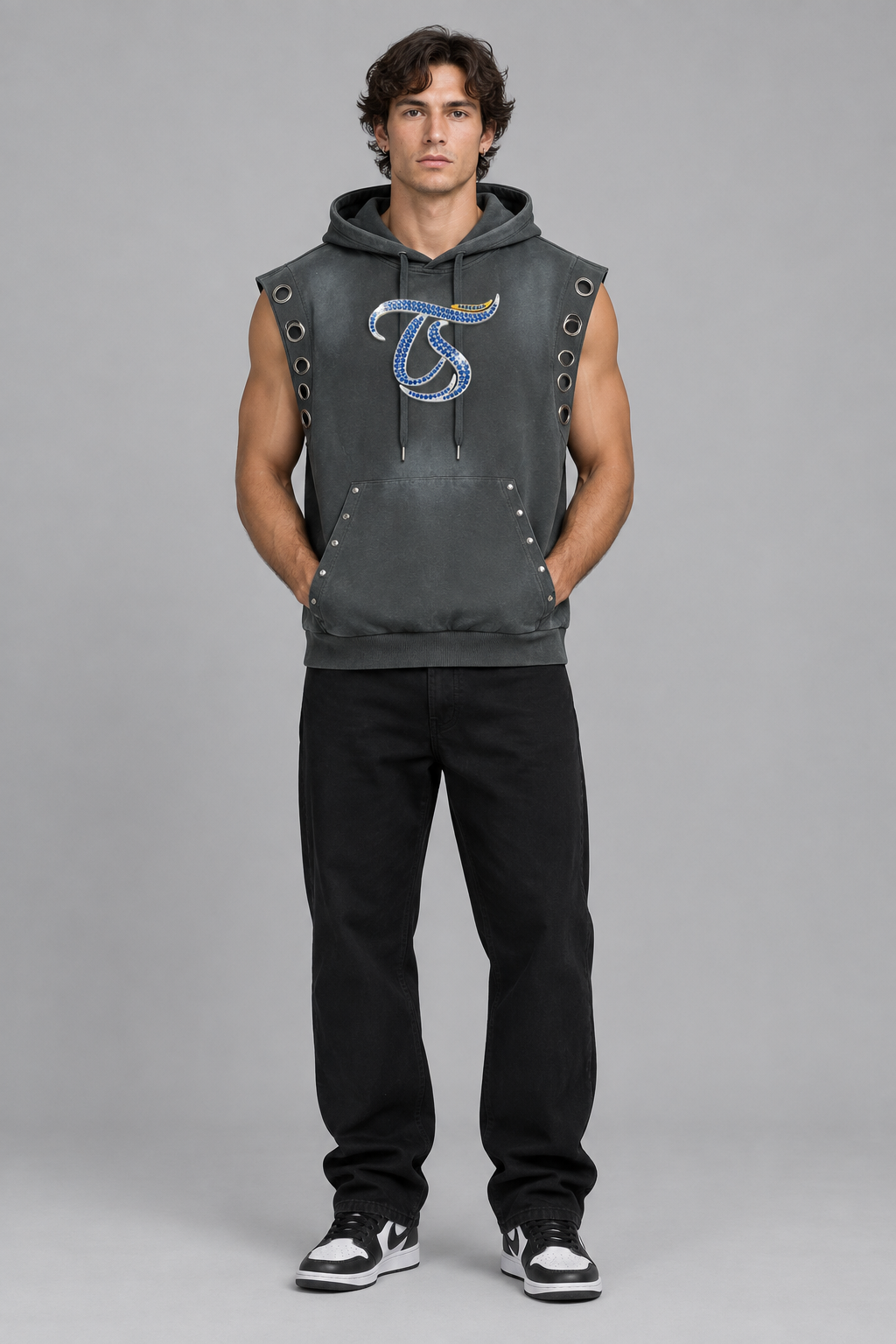 Male model wearing gray Scorpio sun fade sleeveless hoodie, front chest mark; illustrative styling photo