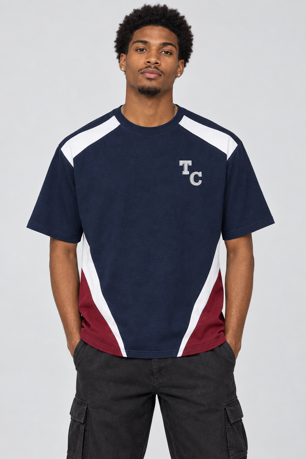 Model wearing The Crew B-Ball color-block T-shirt, front view