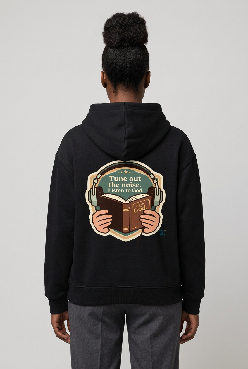 Scriptures hoodie back female model preview