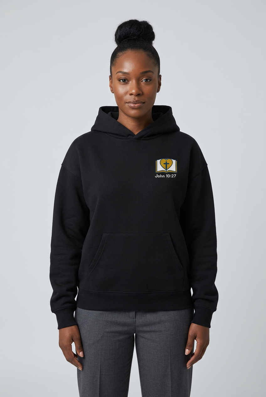 Scriptures hoodie front female model preview