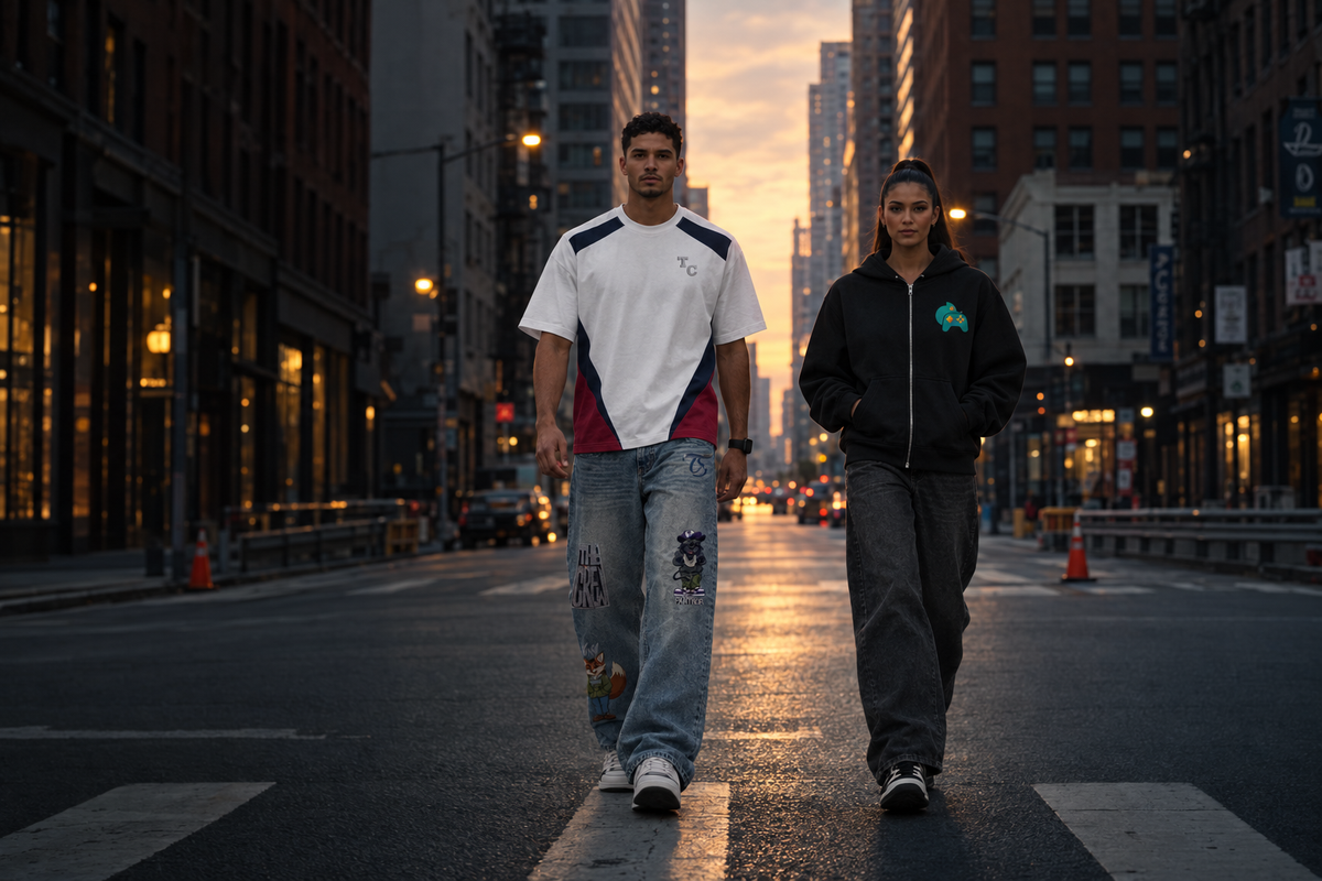 Two models wearing TOSMOOTH clothing in a nighttime street scene